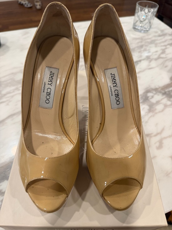 Jimmy Choo Shoes - Jimmy Choo Nude Patent Leather Peep-Toe Pumps